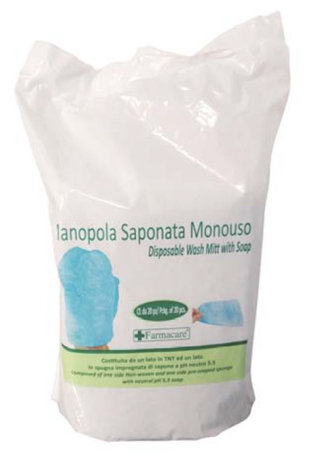 MANOPOLA MONOUSO PER LAVAGGI PARZIALI COMPOSTA DA UNA SPUGNA IN POLIESTERE SAPONATA E DA UN DRAPPO IN TESSUTO NON TESSUTO SENZA RISCIACQUO DETERGENTE A PH ISOCUTANEO - Farmacia Nuova Dr.ssa Gabriella Catellani