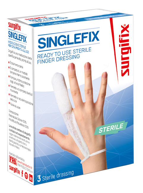 MEDICAZIONE STERILE PER DITO SINGLEFIX, COSTITUITA DA UNA GUAINA IN COTONE E DA UN'IMBOTTITURA INTERNA ASSORBENTE. SI APPLICA DIRETTAMENTE SULLA FERITA E SI FISSA AL POLSO - Farmacia Nuova Dr.ssa Gabriella Catellani