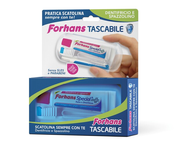FORHANS TRAVEL KIT TASCABILE COMPOSTO DA SPAZZOLINO DA VIAGGIO + FORHANS SPECIAL PASTA DENTIFRICIA TUBETTO 12,5 ML - Farmacia Nuova Dr.ssa Gabriella Catellani