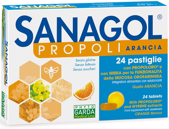 SANAGOL PROPOLI SENZA ZUCCHERO ARANCIA 24 CARAMELLE - Farmacia Nuova Dr.ssa Gabriella Catellani