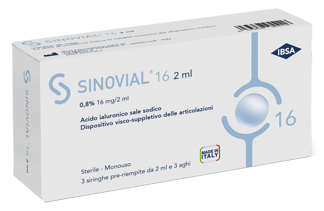 SIRINGA INTRA-ARTICOLARE SINOVIAL 16 ACIDO IALURONICO SALE SODICO 0,8% 16MG/2ML 3 SIRINGHE X 2ML + 3 AGHI - Farmacia Nuova Dr.ssa Gabriella Catellani