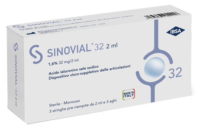 SIRINGA INTRA-ARTICOLARE SINOVIAL 32 ACIDO IALURONICO SALE SODICO 1,6% 32MG/2ML 3 SIRINGHE X 2ML + 3 AGHI - Farmacia Nuova Dr.ssa Gabriella Catellani