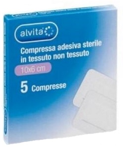 ALVITA GARZA COMPRESSA ADESIVA STERILE IN TESSUTO NON TESSUTO ESTENSIBILE BIANCO 10X6CM 5 PEZZI - Farmacia Nuova Dr.ssa Gabriella Catellani