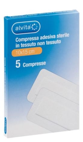 ALVITA GARZA COMPRESSA ADESIVA STERILE IN TESSUTO NON TESSUTO ESTENSIBILE BIANCO 10X15CM 5 PEZZI - Farmacia Nuova Dr.ssa Gabriella Catellani