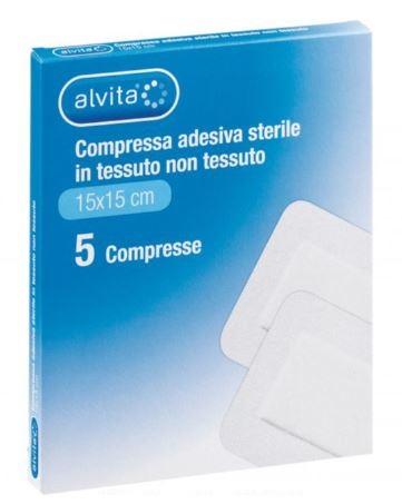 ALVITA GARZA COMPRESSA ADESIVA STERILE IN TESSUTO NON TESSUTO ESTENSIBILE BIANCO 15X15CM 5 PEZZI - Farmacia Nuova Dr.ssa Gabriella Catellani