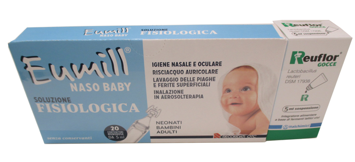 REUFLOR EUMILL NASO BIPACK REUFLOR GOCCE 5 ML + EUMILL NASO BABY SOLUZIONE FISIOLOGICA 20 FIALOIDI DA 5 ML - Farmacia Nuova Dr.ssa Gabriella Catellani