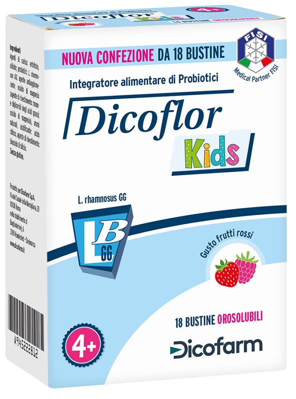 DICOFLOR KIDS 18 BUSTINE OROSOLUBILI GUSTO FRUTTI ROSSI - Farmacia Nuova Dr.ssa Gabriella Catellani