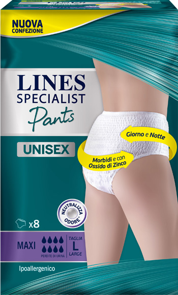 LINES SPECIALIST PANTS MAXI L X 8 PANNOLONE MUTANDINA INDOSSABILE COME NORMALE BIANCHERIA TIPO PULL-ON - Farmacia Nuova Dr.ssa Gabriella Catellani