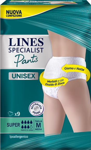 LINES SPECIALIST PANTS SUPER M X 9 PANNOLONE MUTANDINA INDOSSABILE COME NORMALE BIANCHERIA TIPO PULL-ON - Farmacia Nuova Dr.ssa Gabriella Catellani
