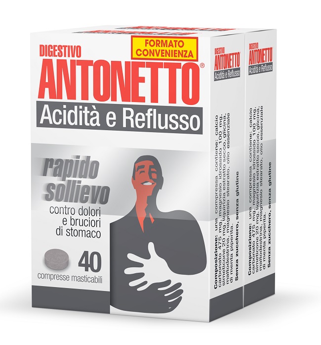 DIGESTIVO ANTONETTO ACIDITA' E REFLUSSO 80 COMPRESSE MASTICABILI 2 ASTUCCI DA 40 COMPRESSE - Farmacia Nuova Dr.ssa Gabriella Catellani