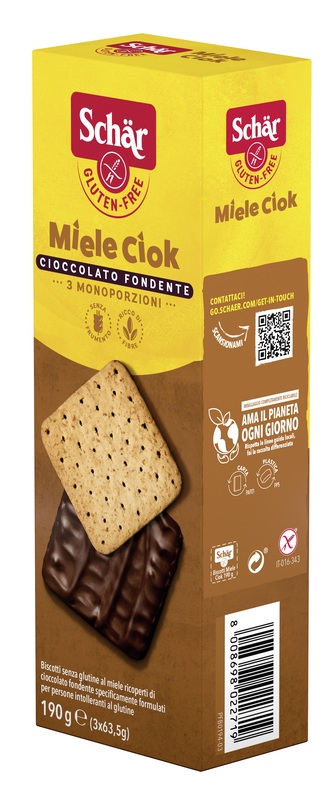SCHAR MIELE CIOK BISCOTTI AL MIELE RICOPERTI DI CIOCCOLATO FONDENTE 3 PORZIONI DA 63,5 G - Farmacia Nuova Dr.ssa Gabriella Catellani