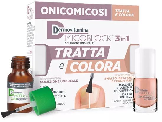 DERMOVITAMINA MICOBLOCK 3 IN 1 TRATTA E COLORA SOLUZIONE UNGUEALE 7 ML + SMALTO IDRATANTE TRASPIRANTE 5 ML - Farmacia Nuova Dr.ssa Gabriella Catellani