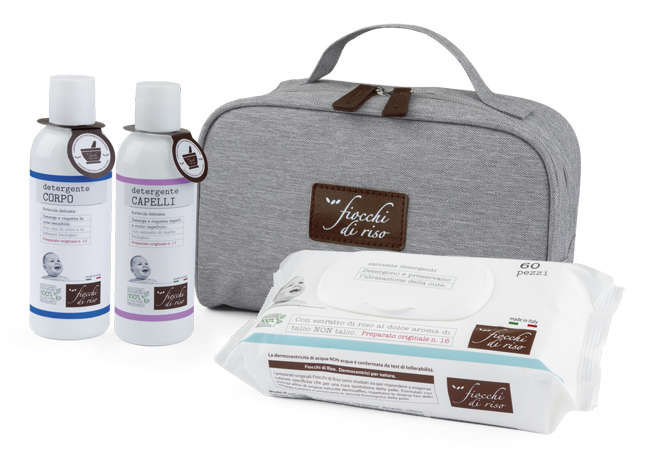 FIOCCHI DI RISO COFANETTO BAGNETTO 1 DETERGENTE CORPO 200 ML + 1 DETERGENTE CAPELLI 200 ML + SALVIETE ACQUA NON ACQUA 60 PEZZI + BEAUTY - Farmacia Nuova Dr.ssa Gabriella Catellani