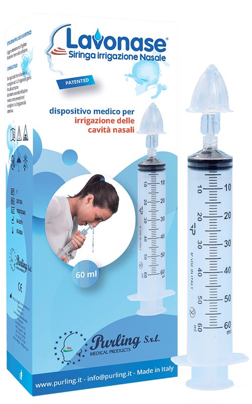 LAVONASE IRRIGAZIONE NASALE NON STERILE SIRINGA 60 ML + LUER-LOCK CON CAPPUCCIO + UGELLO NASALE CON RACCORDO LUER-LOCK + PERFORATORE CON VALVOLA NON RITORNO CON TAPPO - Farmacia Nuova Dr.ssa Gabriella Catellani
