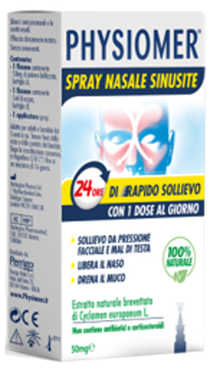 PHYSIOMER SPRAY NASALE SINUSITE 2 PEZZI 1 FLACONE DA 50 MG DI ESTRATTO DI CICLAMINO NATURALE LIOFILIZZATO + 1 FIALE DA 5 ML DI SOLVENTE - Farmacia Nuova Dr.ssa Gabriella Catellani