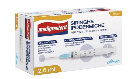 SIRINGA IPODERMICA MEDIPRESTERIL AGO 23 GAUGE 1 1/4 0,6X30MM 2,5 ML 10 PEZZI - Farmacia Nuova Dr.ssa Gabriella Catellani