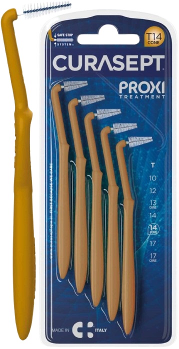 SCOVOLINO CURASEPT PROXI ANGLE MISURA T14 CONICO ISO 4 COLORE OCRA DIAMETRO 1,4 MM 5 PEZZI - Farmacia Nuova Dr.ssa Gabriella Catellani