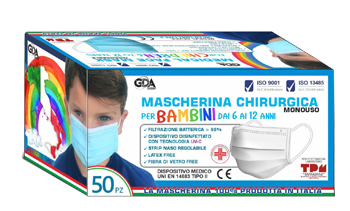 MASCHERINA CHIRURGICA GDA PER BAMBINI 6/12 ANNI TIPO II TNT MONOUSO 5 BUSTE DA 50 PEZZI - Farmacia Nuova Dr.ssa Gabriella Catellani