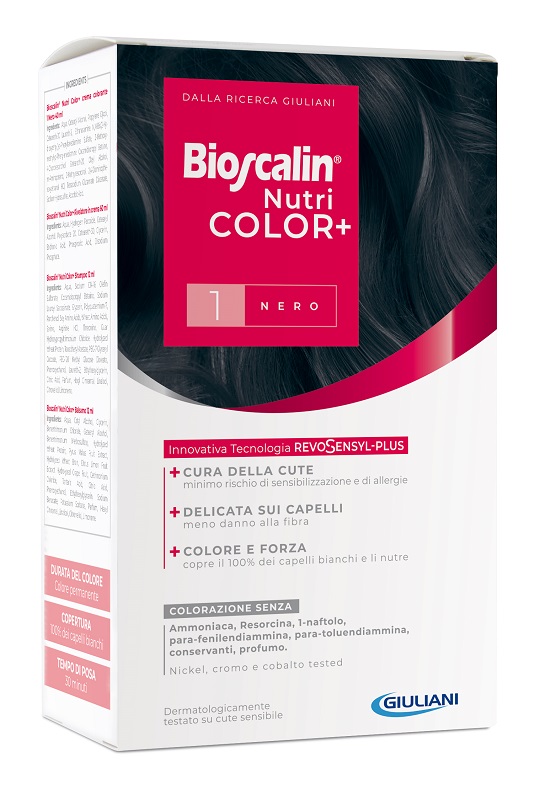 BIOSCALIN NUTRICOLOR PLUS 1 NERO CREMA COLORANTE 40 ML + RIVELATORE CREMA 60 ML + SHAMPOO 12 ML + TRATTAMENTO FINALE BALSAMO 12 ML - Farmacia Nuova Dr.ssa Gabriella Catellani