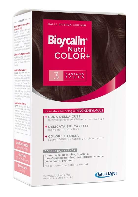 BIOSCALIN NUTRICOLOR PLUS 3 CASTANO SCURO CREMA COLORANTE 40 ML + RIVELATORE CREMA 60 ML + SHAMPOO 12 ML + TRATTAMENTO FINALE BALSAMO 12 ML - Farmacia Nuova Dr.ssa Gabriella Catellani
