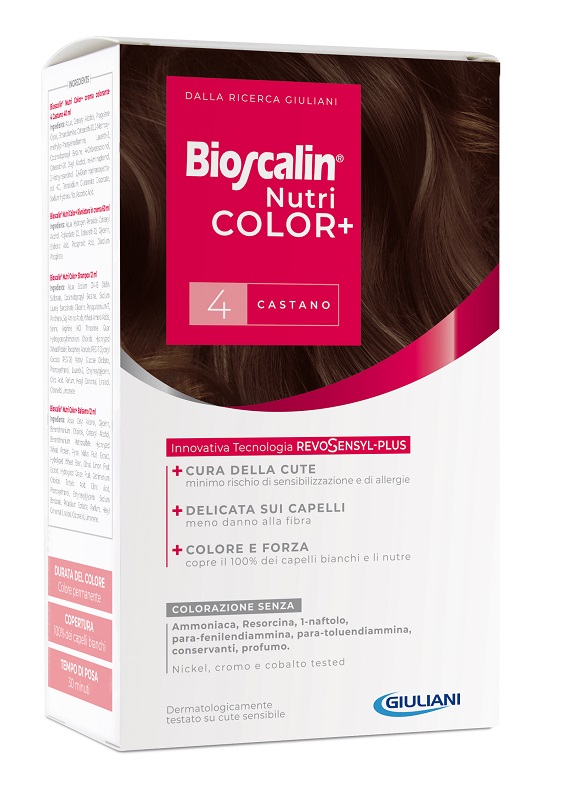 BIOSCALIN NUTRICOLOR PLUS 4 CASTANO CREMA COLORANTE 40 ML + RIVELATORE CREMA 60 ML + SHAMPOO 12 ML + TRATTAMENTO FINALE BALSAMO 12 ML - Farmacia Nuova Dr.ssa Gabriella Catellani