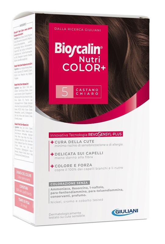 BIOSCALIN NUTRICOLOR PLUS 5 CASTANO CHIARO CREMA COLORANTE 40 ML + RIVELATORE CREMA 60 ML + SHAMPOO 12 ML + TRATTAMENTO FINALE BALSAMO 12 ML - Farmacia Nuova Dr.ssa Gabriella Catellani