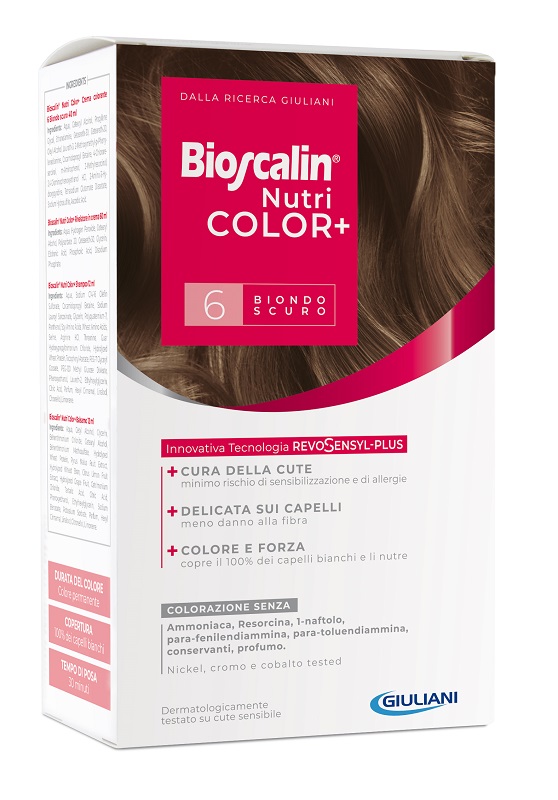 BIOSCALIN NUTRICOLOR PLUS 6 BIONDO SCURO CREMA COLORANTE 40 ML + RIVELATORE CREMA 60 ML + SHAMPOO 12 ML + TRATTAMENTO FINALE BALSAMO 12 ML - Farmacia Nuova Dr.ssa Gabriella Catellani