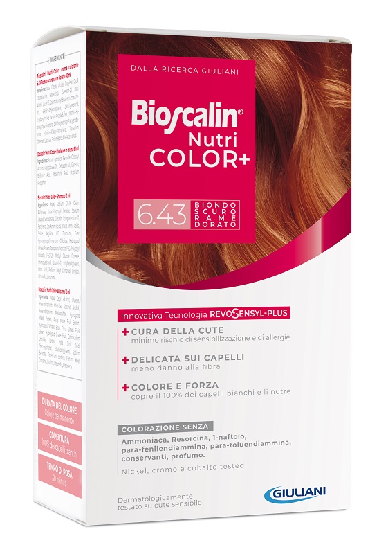 BIOSCALIN NUTRICOLOR PLUS 6,43 BIONDO SCURO RAME DORATO CREMA COLORANTE 40 ML + RIVELATORE CREMA 60 ML + SHAMPOO 12 ML + TRATTAMENTO FINALE BALSAMO 12 ML - Farmacia Nuova Dr.ssa Gabriella Catellani