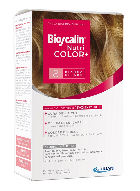 BIOSCALIN NUTRICOLOR PLUS 8 BIONDO CHIARO CREMA COLORANTE 40 ML + RIVELATORE CREMA 60 ML + SHAMPOO 12 ML + TRATTAMENTO FINALE BALSAMO 12 ML - Farmacia Nuova Dr.ssa Gabriella Catellani