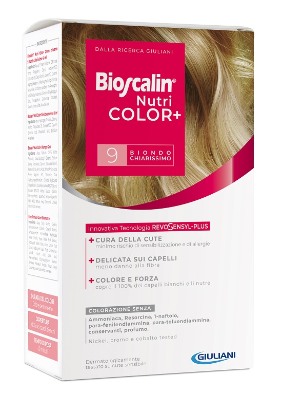 BIOSCALIN NUTRICOLOR PLUS 9 BIONDO CHIARISSIMO CREMA COLORANTE 40 ML + RIVELATORE CREMA 60 ML + SHAMPOO 12 ML + TRATTAMENTO FINALE BALSAMO 12 ML - Farmacia Nuova Dr.ssa Gabriella Catellani