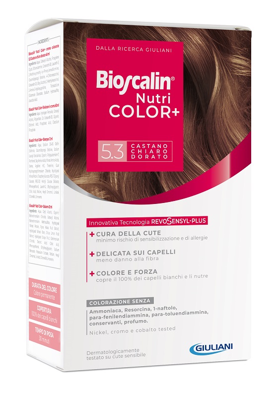 BIOSCALIN NUTRICOLOR PLUS 5,3 CASTANO CHIARO DORATO CREMA COLORANTE 40 ML + RIVELATORE CREMA 60 ML + SHAMPOO 12 ML + TRATTAMENTO FINALE BALSAMO 12 ML - Farmacia Nuova Dr.ssa Gabriella Catellani