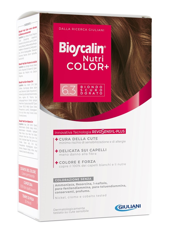 BIOSCALIN NUTRICOLOR PLUS 6,3 BIONDO SCURO DORATO CREMA COLORANTE 40 ML + RIVELATORE CREMA 60 ML + SHAMPOO 12 ML + TRATTAMENTO FINALE BALSAMO 12 ML - Farmacia Nuova Dr.ssa Gabriella Catellani