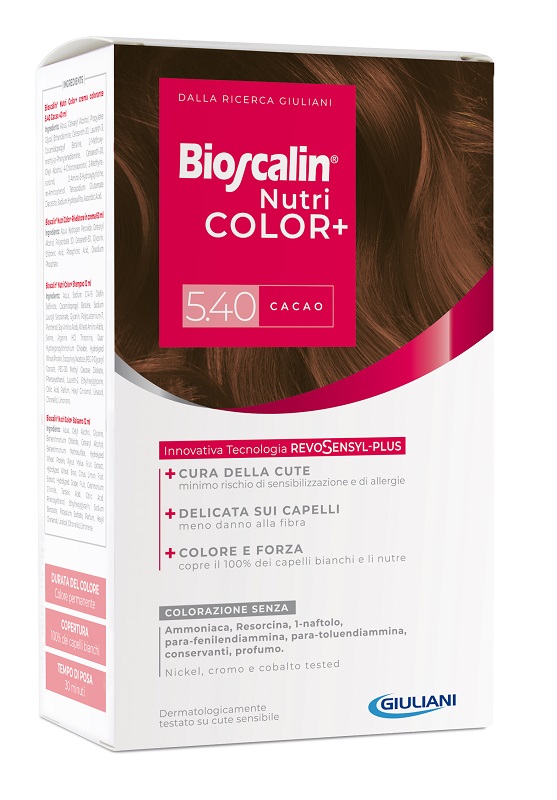 BIOSCALIN NUTRICOLOR PLUS 5,40 CACAO CREMA COLORANTE 40 ML + RIVELATORE CREMA 60 ML + SHAMPOO 12 ML + TRATTAMENTO FINALE BALSAMO 12 ML - Farmacia Nuova Dr.ssa Gabriella Catellani