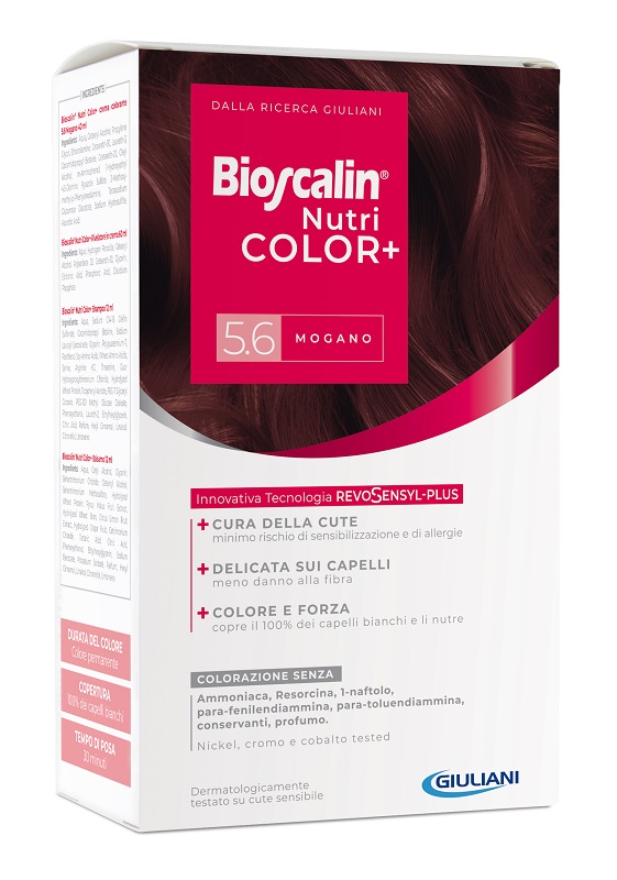 BIOSCALIN NUTRICOLOR PLUS 5,6 MOGANO CREMA COLORANTE 40 ML + RIVELATORE CREMA 60 ML + SHAMPOO 12 ML + TRATTAMENTO FINALE BALSAMO 12 ML - Farmacia Nuova Dr.ssa Gabriella Catellani