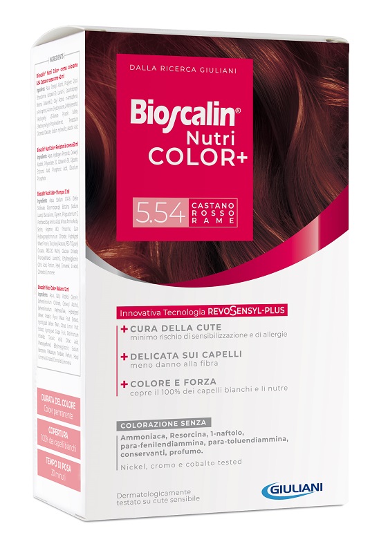BIOSCALIN NUTRICOLOR PLUS 5,54 CASTANO ROSSO RAME CREMA COLORANTE 40 ML + RIVELATORE CREMA 60 ML + SHAMPOO 12 ML + TRATTAMENTO FINALE BALSAMO 12 ML - Farmacia Nuova Dr.ssa Gabriella Catellani