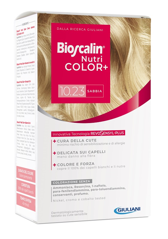 BIOSCALIN NUTRICOLOR PLUS 10,23 SABBIA CREMA COLORANTE 40 ML + RIVELATORE CREMA 60 ML + SHAMPOO 12 ML + TRATTAMENTO FINALE BALSAMO 12 ML - Farmacia Nuova Dr.ssa Gabriella Catellani