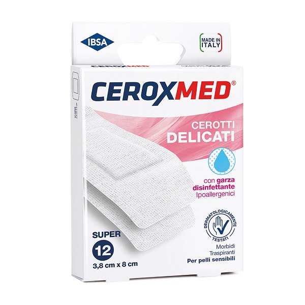 CEROTTI DELICATI CEROXMED CON GARZA DISINFETTANTE IPOALLERGENICI PER PELLI SENSIBILI SUPER 3,8X8CM 12 PEZZI - Farmacia Nuova Dr.ssa Gabriella Catellani