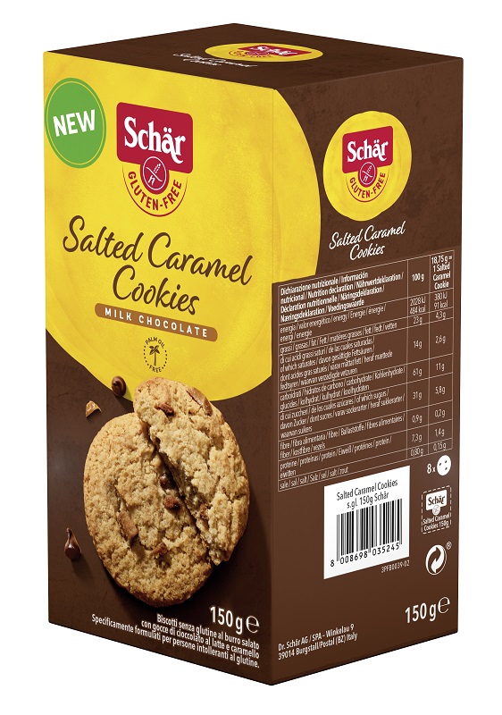 SCHAR SALTED CARAMEL COOKIES CON GOCCE DI CIOCCOLATO AL LATTE E CARAMELLO 150 G - Farmacia Nuova Dr.ssa Gabriella Catellani