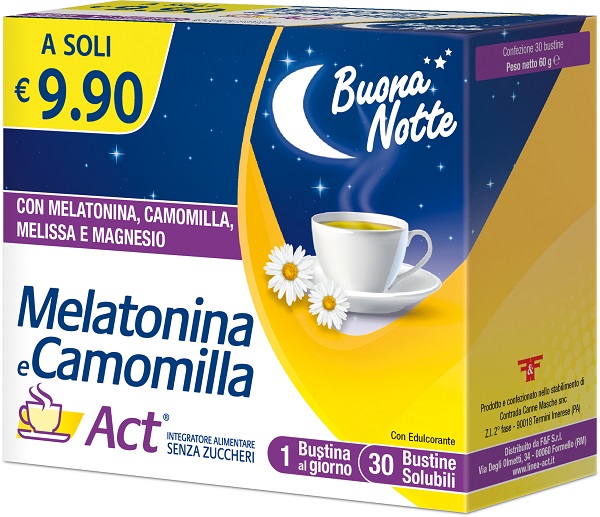 MELATONINA E CAMOMILLA ACT 30 BUSTINE SOLUBILI SENZA ZUCCHERI - Farmacia Nuova Dr.ssa Gabriella Catellani