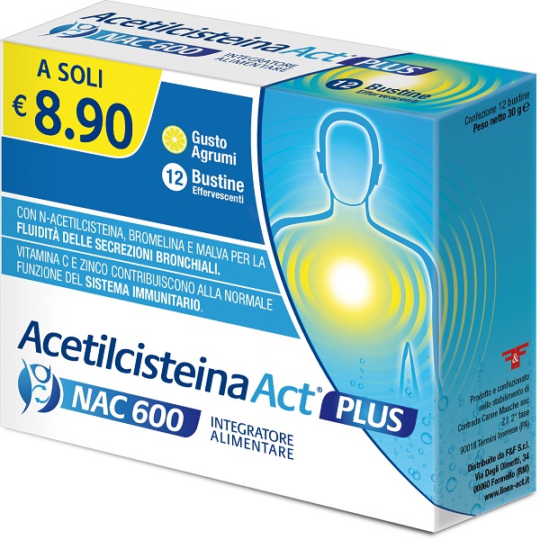 ACETILCISTEINA ACT PLUS NAC 600 12 BUSTINE EFFERVESCENTI AGRUMI - Farmacia Nuova Dr.ssa Gabriella Catellani
