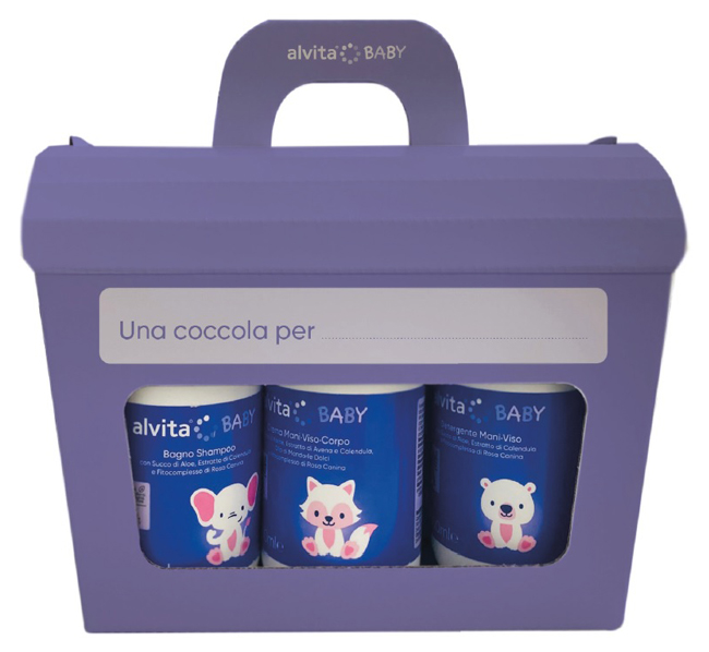 ALVITA COFANETTO BABY 5 PEZZI 1 BAGNO SHAMPOO 300 ML + 1 CREMA VISO CORPO 300 ML + 1 DETERGENTE MANI VISO 300 ML + 1 PASTA OSSIDO ZINCO 100 ML + SALVIETTE PURE WATER 60 PEZZI - Farmacia Nuova Dr.ssa Gabriella Catellani