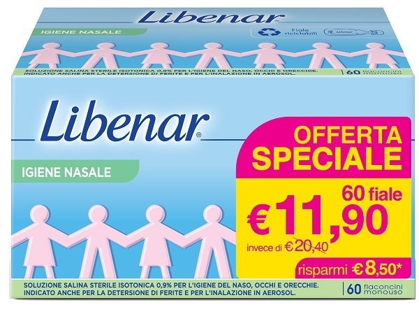 SOLUZIONE SALINA ISOTONICA 0,9% LIBENAR PER IGIENE NASALE 60 FLACONCINI MONOUSO X 5 ML - Farmacia Nuova Dr.ssa Gabriella Catellani