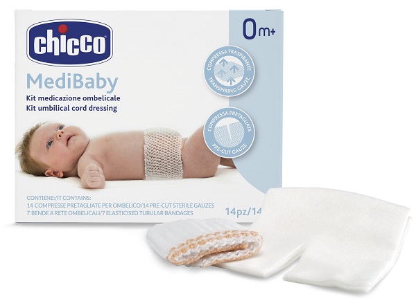 CHICCO KIT MEDICAZIONE OMBELICALE BENDA A RETE ELASTICA CALIBRO 6 + COMPRESSE IN TNT STERILI 10X10 CM 4 PEZZI - Farmacia Nuova Dr.ssa Gabriella Catellani